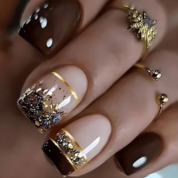 RAGUPEL Black Gold Glitter Line Press-On Nails - 24PCS Short Square, Non-Toxic Reusable, Metallic Sparkle