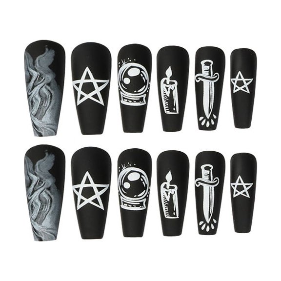 RAGUPEL Black Mystical Symbol Press on Nails,Long Stiletto Matte Finish False Nails with Pentagram,Candle&Dagger Designs,24 Count Gothic Press on Nails