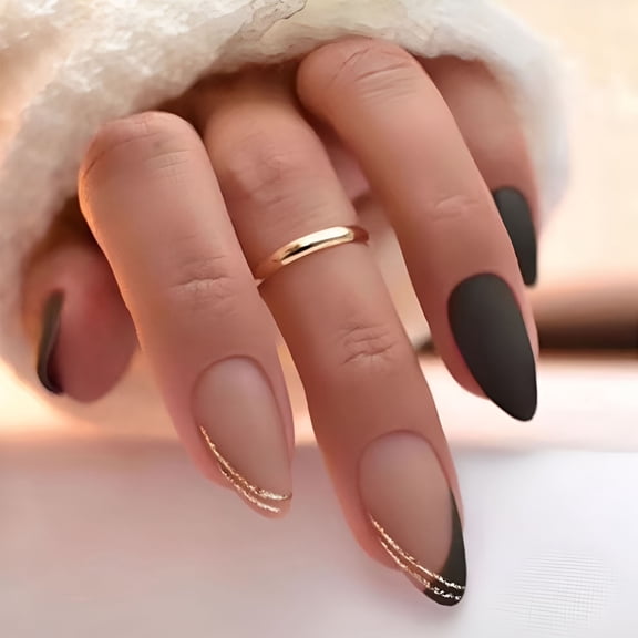 RAGUPEL Black Press on Nails Short Medium Almond Shaped French Tips Fake Nails with Simple Gold Lines Design Glue on Nails for Women Girls Acrylic False Stick on Nail Manicure for Wedding 24Pcs