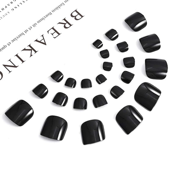 RAGUPEL Black Press on Toe Nails, Glue on Tips Artificial Fake Toenails Pedicure Set, Gothic Glamour Toe Press on Nails