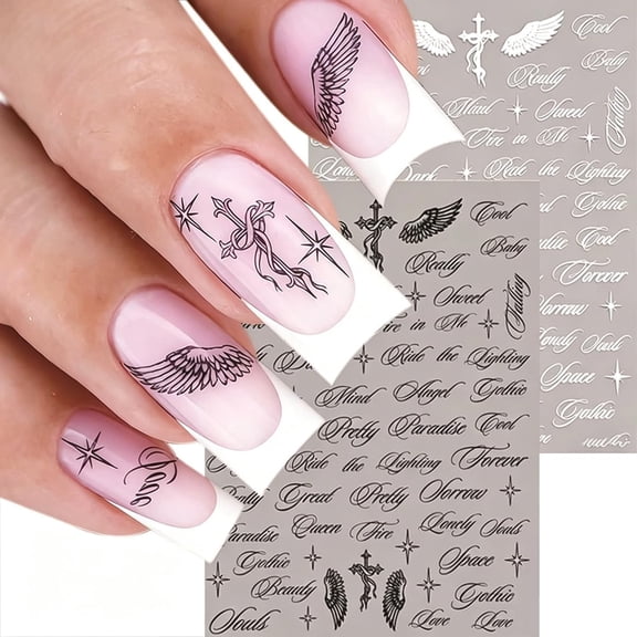 RAGUPEL Black White Gothic Italics English Letters Nail Art Stickers,Gothic English Letters Nail Decals 3D Self Adhesive Angel Wings Cross Stars Design 2Pcs Nail Art Supplies for Women Girls Nail
