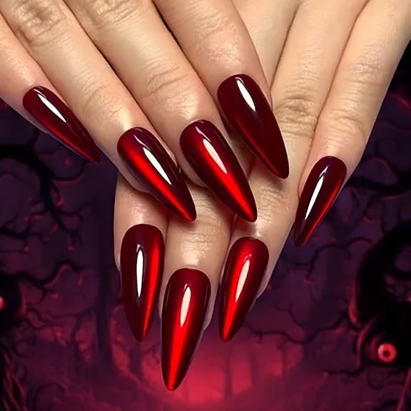 RAGUPEL Blood Dagger Press-On Nails - 24PCS Stiletto, Cat-Eye Effect, Sexy Style, Non-Toxic Reusable