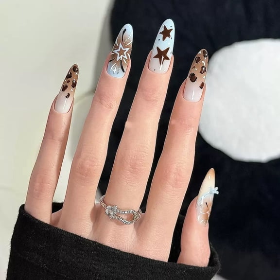 RAGUPEL Blue Brown Leopard Star Press on Nails, Long Almond Glossy False Nails with Gradient Tips, 30 Count, Long Almond Press on Nails