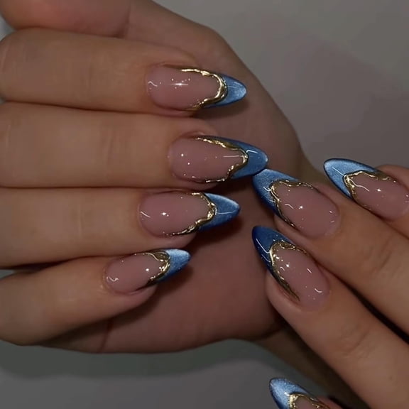 RAGUPEL Blue French Tip Press on Nails Medium Almond Cat Eyes Fake Nails with Gold Curve Line Designs Blue False Nails Acrylic Artificial Spring Summer Stick on Nails