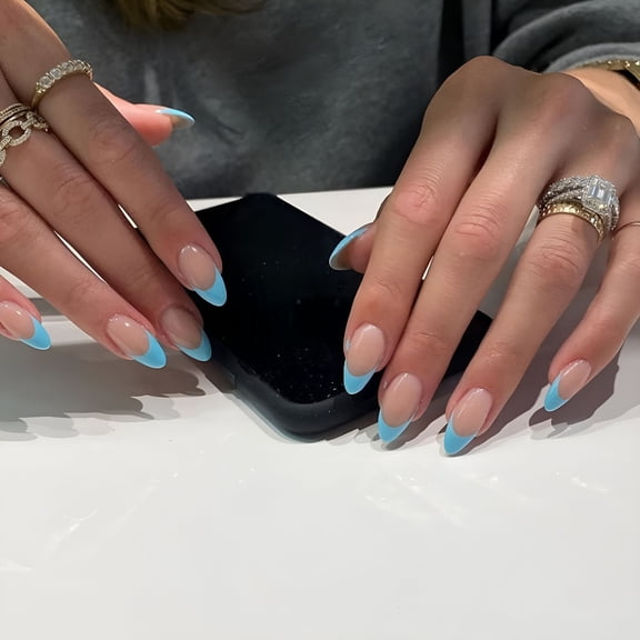 RAGUPEL Blue French Tips Press on Nails Almond, Nude Fake Nails Medium Length Glue on Nails Almond Shape Nails Stick on with Nail Glue, Classic Style Press ons