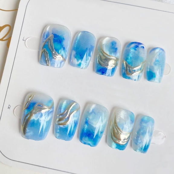 RAGUPEL Blue Press Nails Short Square Fake Nails Ocean White Clouds Glossy Glitter Design Full Cover Reusable Artificial Nails Silver Chrome Stick Nails Handmade False Nails Women Acrylic Nail