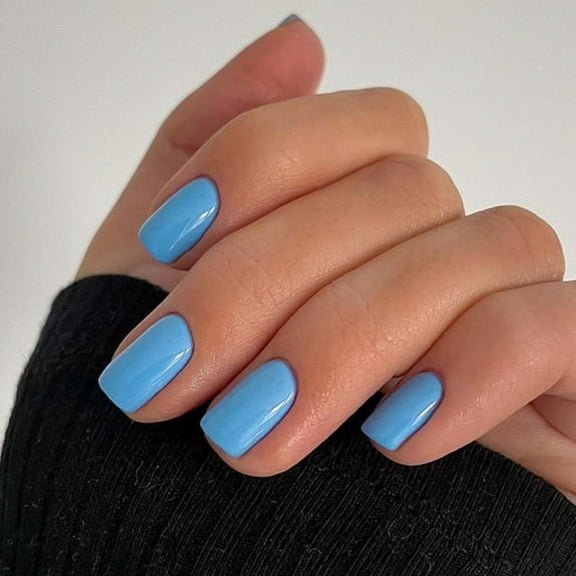 RAGUPEL Blue Press on Nails Short Square Nails, Short Fake Nails Glue on Nails, Acrylic Nails Press ons Round Soft Gel Nails for Girls, Stick on Nails for Women Daily Wear and Work in 24PCS