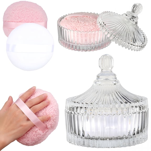 RAGUPEL Body Powder Container with Large Powder Puff(2 Pack,6"Glass Jar),Decorative Crystal Powder Puff Holder for Loose Powder,Talcum Powder,Gift Set for Women and Babies