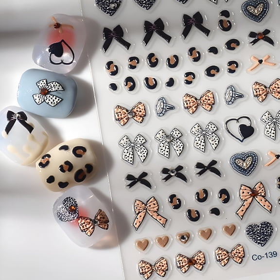 RAGUPEL Bow Nail Stickers Leopard Print Nail Decals for Nails Art with Heart Design 5D Embossed Self Adhesive Nails Art Stickers Charms Supply for Women Girls Kid Manicure Diy Decorations
