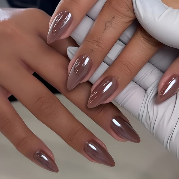 RAGUPEL Brown Press on Nails Almond-Chrome Press on Nails Medium,Sparkle Gel Fake Nails Press on with Mirror Effect,Glitter Glue on Nails Medium,Reusable Stick on Nails for Women Fall Winter