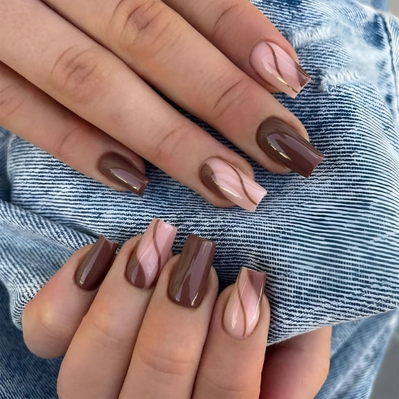 RAGUPEL Brown Press on Nails Short Square Fake Nails with Glue Acrylic Coffin Glue on Nails with Designs Gel Manicure Curved False Nail for Women Stick ons Nails for Wedding Birthday Brown