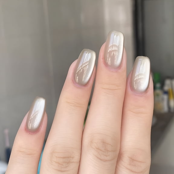 RAGUPEL Cat Eye Press on Nails Medium Coffin Fake Nails Gray White Full Cover Magnetic Nails Press on Glossy Glue on Nails False Nails Acrylic Nails Artificial Nails for Women Girls 24Pcs