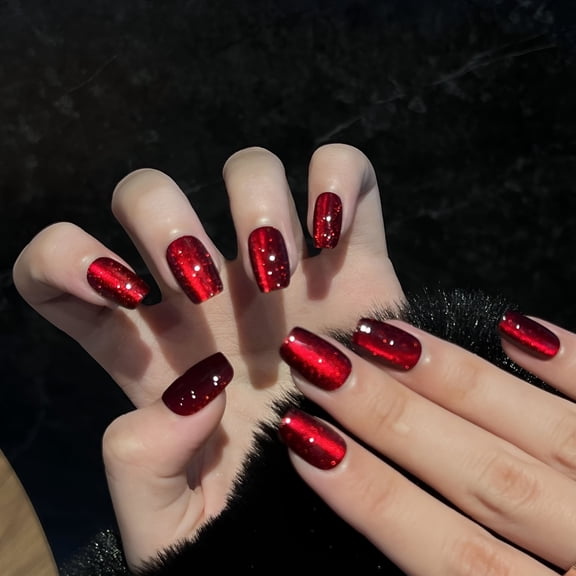 RAGUPEL Cat Eye Press on Nails Wine Red Fake Nails Short Square False Nails with Gradient Design Full Cover Glossy Acrylic Nails Stick on Nails Jelly Press on Nails for Women and Girls