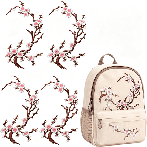 RAGUPEL Cherry Blossom Iron Patch,Embroidered Iron on Or Sew on Flower Applique with Branch Design for Backpack,Jacket,Jeans,Tote Bag,Dress and Diy Decoration,White