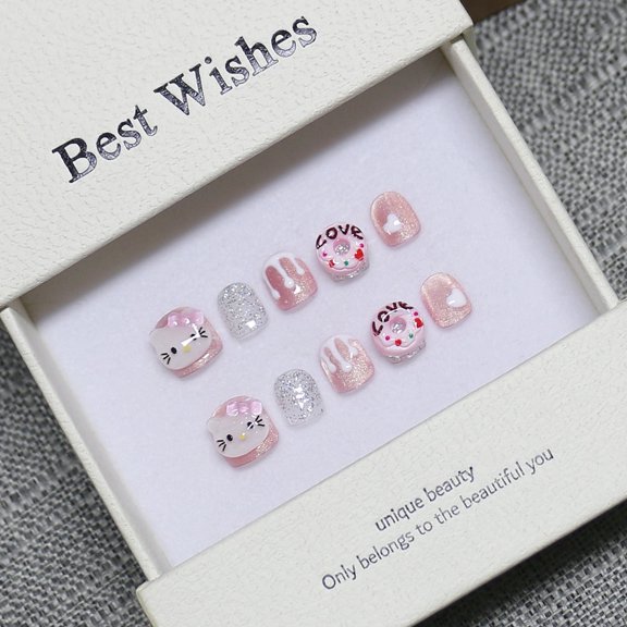 RAGUPEL [Children Wear Armor] Purely Handmade Explosive Nail Patch Cute Cartoon Versatile Fake Nails Cat Press on Acrylic Nails Removable