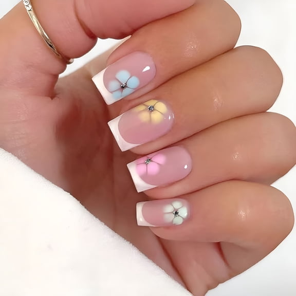 RAGUPEL Colorful Flower Press on Nails-Spring Summer Fake Nails | Medium Square Acrylic Nails with Rhinestone | White Tip Nail Tip Press Ons for Women | Reusable Full Cover Nail Kits-24Pcs
