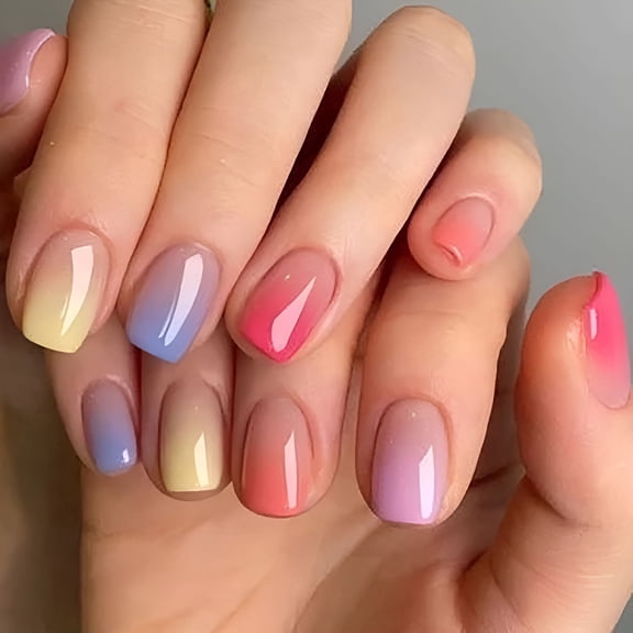 RAGUPEL Colorful Gradient Press-On Nails - 24Pcs Short Round Square, Color Block Gradient, Non-Toxic And Reusable