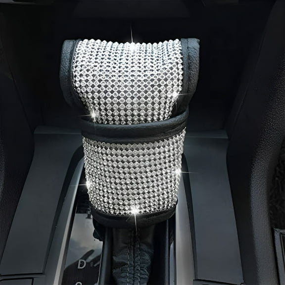 RAGUPEL Crystal Gear Shift Cover with Bling Rhinestones, PU Leather Auto Knob Protector, Adjustable Car Interior Decor Accessory for Women, White