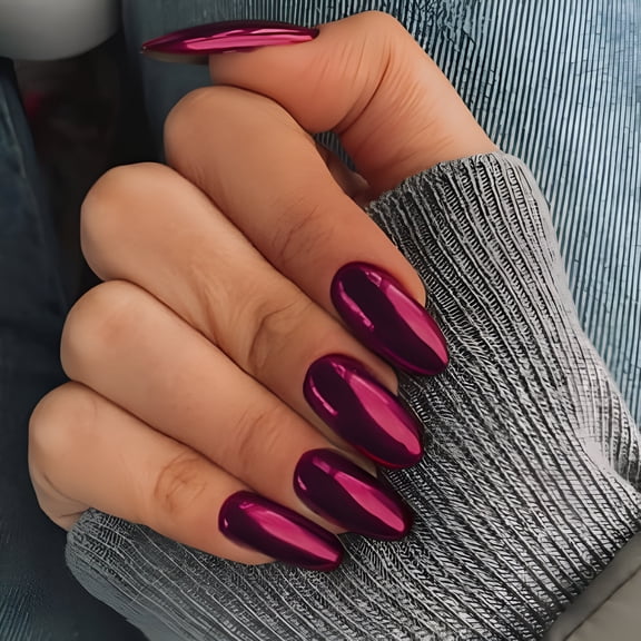 RAGUPEL Dark Pink Purple Chrome Press on Nails Medium Round, Mirror Metal Almond Fake Acrylic Nails with Bling Design, Fuchsia Glue on Nails for Daily Party Wear, False Nails Press ons in 24 PCS