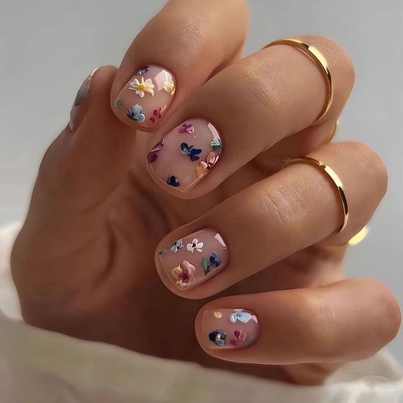 RAGUPEL Extra Short Press on Nails Square Fake Nails Flower Designs-24 Pcs Spring False Nails Cute Small Acrylic Press on Nails Stick on Nails Reusable Artificial Nails for Women Manicure Supplies
