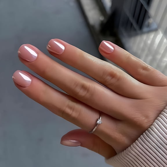 RAGUPEL Extra Short Press on Nails Square Fake Nails with Chrome Designs Glossy Nude False Nails Mirror Glue on Acrylic Nails for Women Girls