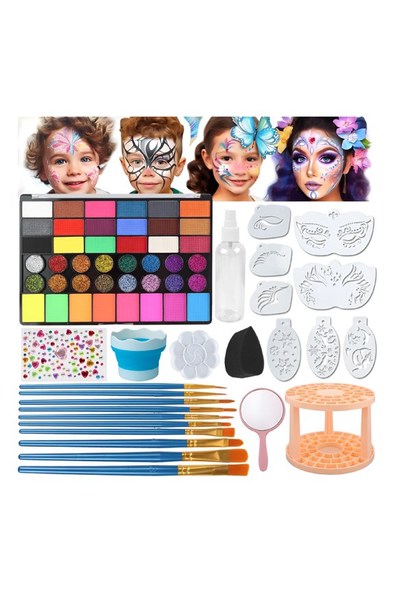 Face Body Paint Kit 42 Colors Water-Based And Oil-Based Non-Toxic Makeup Palette with Brushes And Stencils, Safe for Kids And Adults, Halloween, Cosplay, Sfx, Party And Stage Makeup