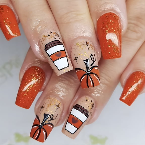 RAGUPEL Fall Pumpkin Thanksgiving Press on Nails Short Almond False Nails with Designs Full Covers Stick on Nails Decoration