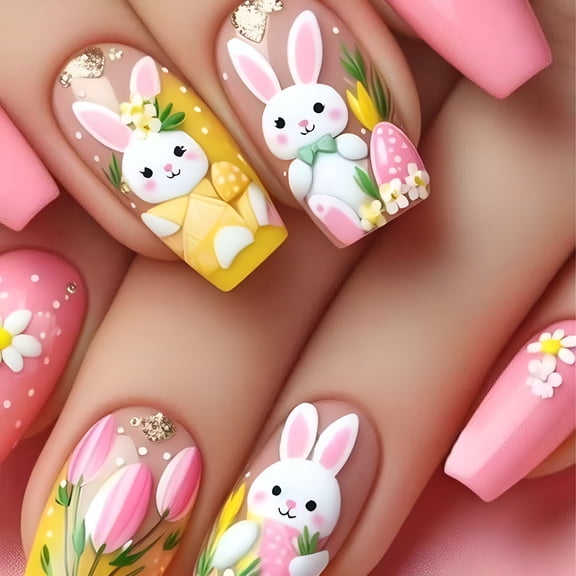 RAGUPEL False Nails,Press on Nails,Abstract Graffiti Spring Flowers Easter Bunny Design,Short Length,Easy Application,Suitable for Daily Wear And Seasonal Festive Looks