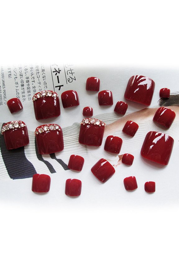False Toe Nails Wine Red Diamond Fake Toenails Short Full Cover False Toenails