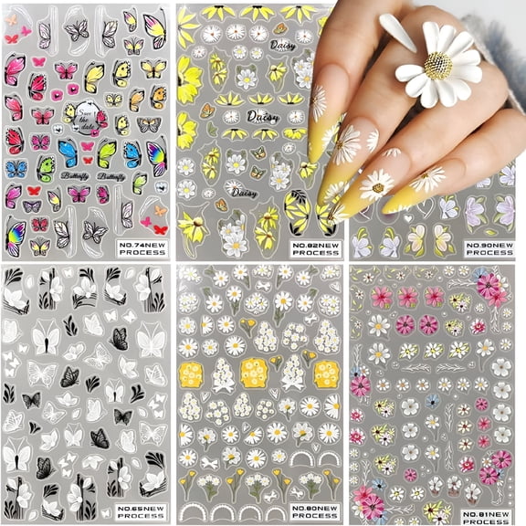 RAGUPEL Flower Nail Art Stickers - 6 Sheets Flowers 3D Self Adhesive Nail Decals Spring Summer Nail Art Supplies Sunflower Daisy Butterfly Floral Lace Design Manicure Tips for Women Girls