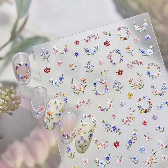 RAGUPEL Flower Nail Art Stickers Garland Nail Stickers 5D Embossed Self Adhesive Spring Nail Decals with Rhinestone Design Nails Charms for Women Manicure Diy Decoration Accessories