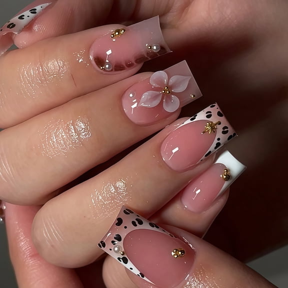 RAGUPEL Flower Press on Nails Medium Square Fake Nails with Gold Pearl Star Designs Nude Pink False Nails Leopard Print Nail Press Ons Flower Embossment Full Cover Glue on Nails Spring Acrylic Nail
