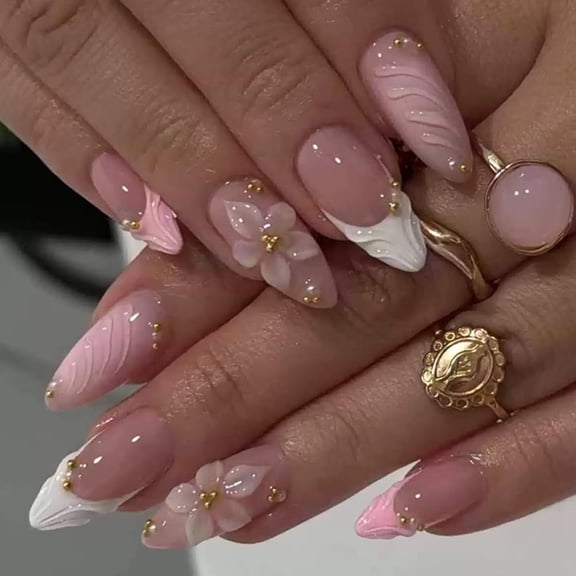 RAGUPEL Flower Press on Nails Pink Medium Almond False Nails Press Ons with 3D Floral Design Stick on Nails Handmade Acrylic Glue on Nails for Women Manicure 24Pcs