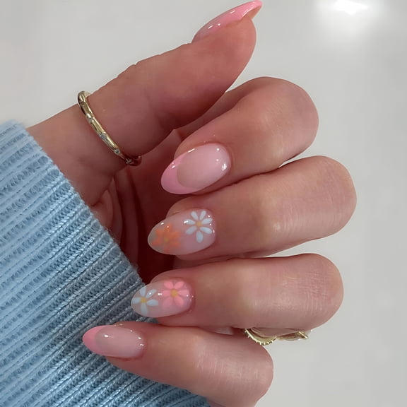 RAGUPEL Flower Press on Nails Short Almond Fake Nails Spring Nails Press Ons Pink French Tip Acrylic Nail Daisy Stick on Nails Spring Floral Glue on Nail for Women Manicure Supplies 24Pcs