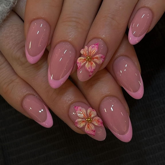 RAGUPEL Flower Press on Nails Short Almond Pink French Tip Acrylic Kit Fake Nails with 3D Floral Gold Bead Designs False Nails Full Cover Glue on Nail Spring Stick on Nail for Women 24Pcs