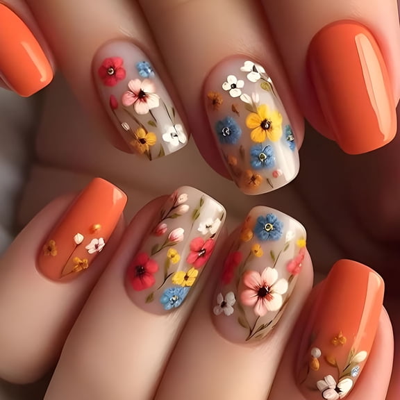 RAGUPEL Flower Press on Nails Short Square Spring Nails Press Ons Medium Orange Fake Nails with Floral Design Glue on Nail Glossy Floral False Nails Full Cover Acrylic Stick on Nail for Women 24Pcs