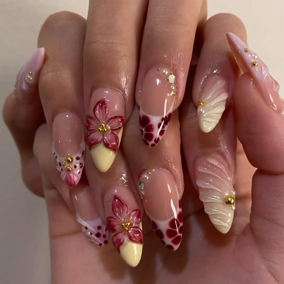 RAGUPEL Flowers Press on Nails Medium Artificial Almond Acrylic French Tip 3D Floral with Gold Beads Rhinestones Fake Nails Spring Design Stick on Press Ons Nail Artificial Fingernails