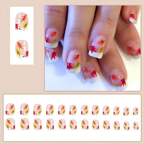 RAGUPEL French Tip Fake Nails Fall Press on Nails Short Square Autumn Leaf Glue on Nails Maple Leaves Full Cover False Nails with Thanksgiving Nails Design Stick on Nails Fall Manicure