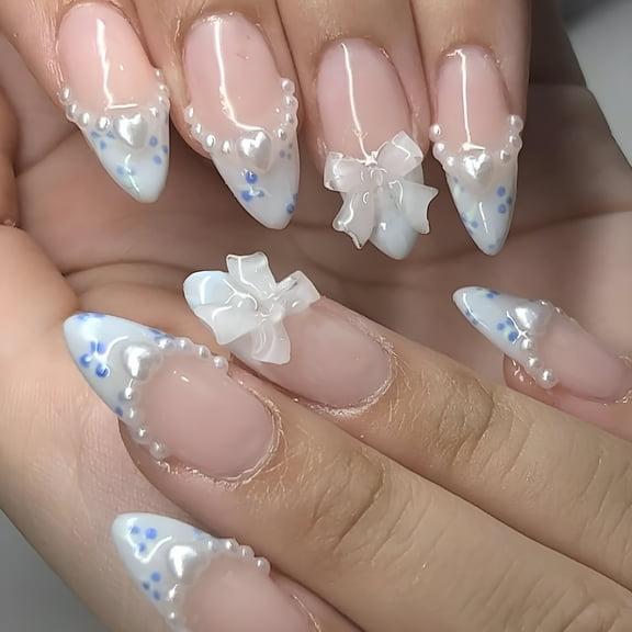 RAGUPEL French Tip Press on Nails Medium Almond Fake Nails Baby Blue Dot Designs False Nails 3D Bow & Pearl Nail Charms Glossy Full Cover Acrylic Nails for Women Girls 24 Pcs Artificial Nails