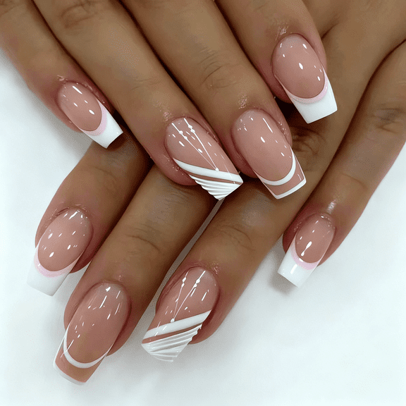 RAGUPEL French Tip Press on Nails Medium Square Fake Nails Sweet White Nail Tips Designs Full Cover Square Shape False Nails Nude Acrylic Glue on Nails Medium Length for Women Girls,24Pcs