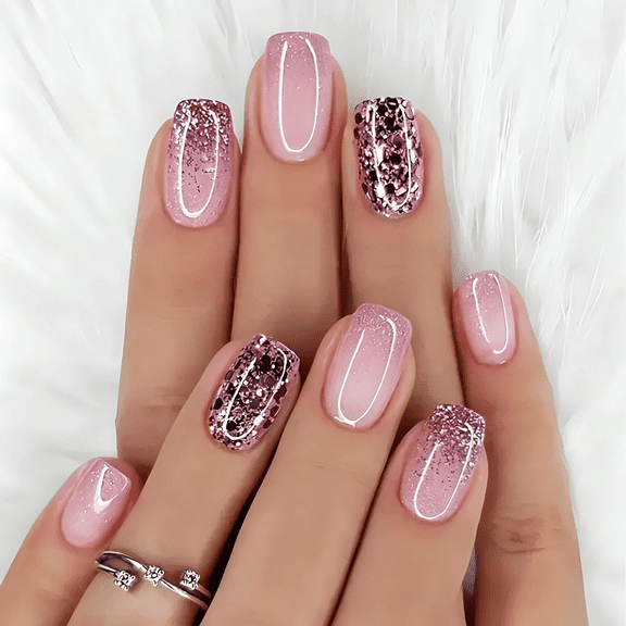 RAGUPEL French Tip Press on Nails Short Square Purple Glitter Ombre Fake Nails Press Ons Glossy Acrylic Glitter Gradient Glue-On Nails for Women 24 Pcs