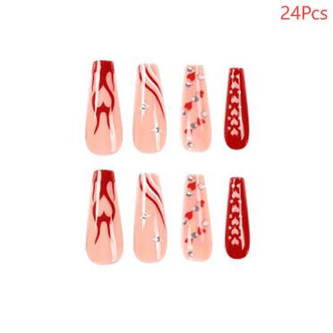 RAGUPEL French Tip Press On Nails,Valentine's Day Design Long Press On Nails,French Tip with Flame Waves Glue On Nails Short,Pink&Red