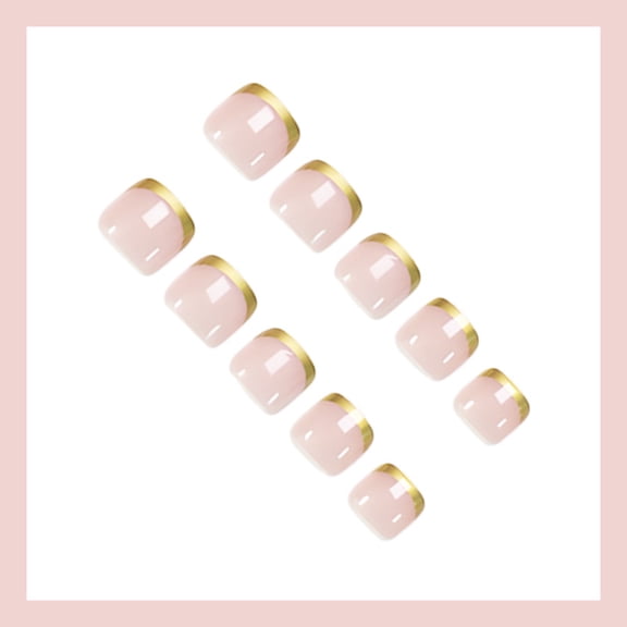 RAGUPEL French Tip Press on Toenails Short Square Glue on Nails Full Cover Gold Nail Tips False Toenails Glossy Reusable Nude Stick on Toes Nails Spring Summer Fake Toenails for Women 24Pcs