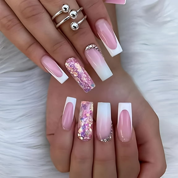RAGUPEL French Tip Press on Nails Long Pink Coffin Fake Nails with Rhinestones Designs Acrylic Glossy False Nails for Women