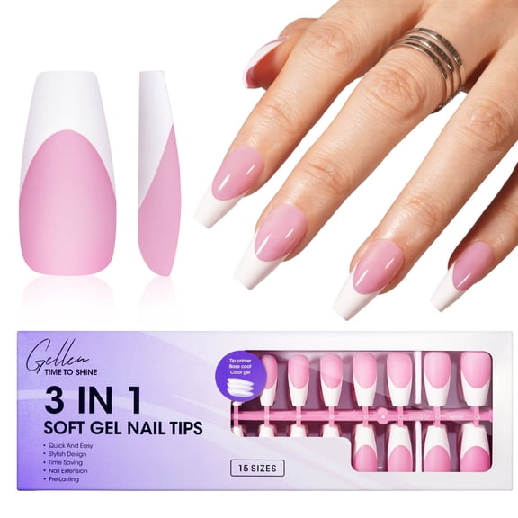 RAGUPEL French Tips Press on Nails - 150 Pcs Pink Medium Coffin,Salon Acrylic Press on Nails Soft Gel Nail Tips,15 Sizes Fake Nails 3 in 1 Pre-French French Tips Full Cover Tips for Nail Art