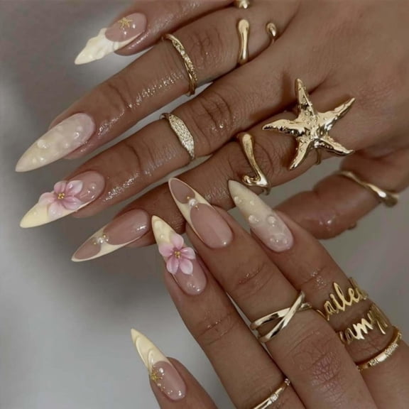 RAGUPEL French Tips Press on Nails Medium Almond Fake Nails with 5D Flower Charm Design Glossy Ombre Yellow Nails Press on Reusable Pearl Rhinestones False Nail Spring Summer Nail for Women