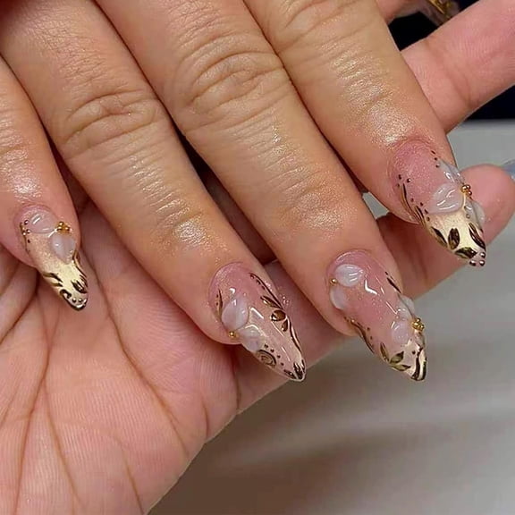 RAGUPEL Gold French Tip Press on Nails Medium Almond False Nails 3D Bead Gold Leaf&Flower Designs Shiny Glossy Gel Acrylic Fake Nails Nude Pink Full Cover Reusable Acrylic Stick on Nails