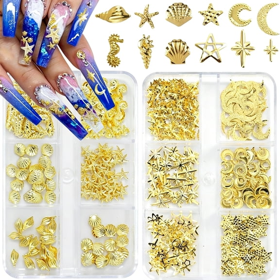 RAGUPEL Gold Nail Charms,Gold Star Ocean Nail Gems Charms,Metal Small Star Moon Seashell Starfish Summer Charms for Acrylic Nail Art Alloy Nail Rhinestones for Women Diy Accessories