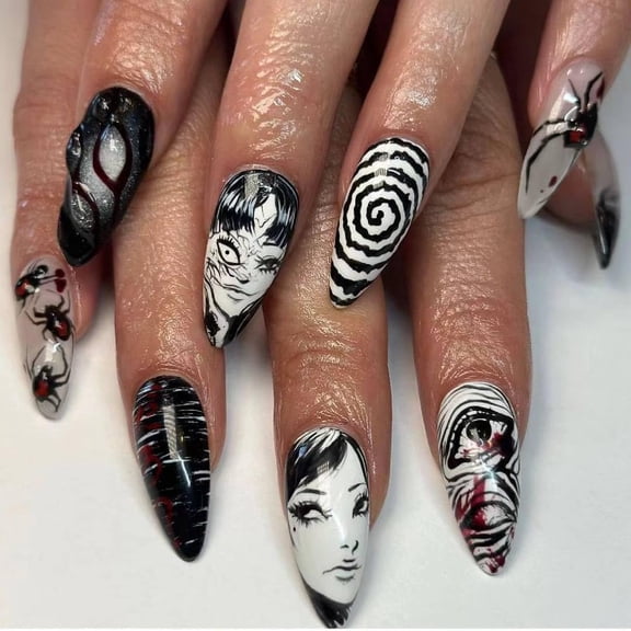 RAGUPEL Gothic Press on Nails Medium Almond Black White Anime Punk Design Fake Nails 24 Pcs Glossy Acrylic False Nails Reusable False Nails Press Ons Full Cover Stick on Nails for Women Girls