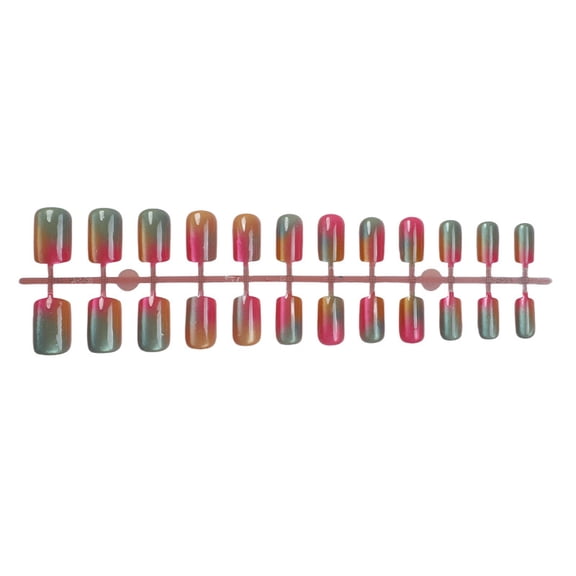 RAGUPEL Gradient Colorful Press on Nails Short Square Fake Nails Sparkly Glitter False Nails with Candy Color Designs Glossy Stick on Nail Reusable Artificial Summer Nails for Women Manicure 24Pcs